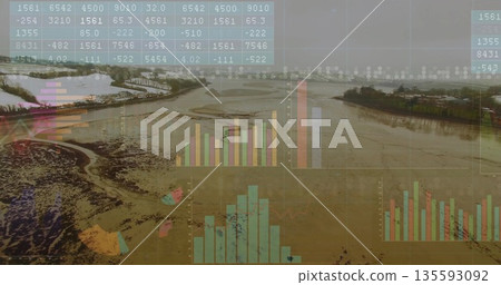 Showing winding tidal river channel at low tide over estuary, with numeric chart and graph overlays Showing winding tidal river channel at low tide over estuary, with numeric chart and graph overlays 135593092