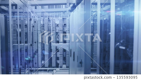 Displaying central row of server racks shining in data center, with patch panels and cables Displaying central row of server racks shining in data center, with patch panels and cables 135593095