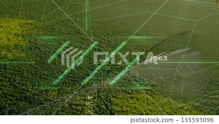 Turquoise bars overlaying forest canopy from above, green grid, map linework and numeric label 1963 Turquoise bars overlaying forest canopy from above, green grid, map linework and numeric label 1963 135593096