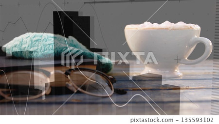 Presenting white cup of coffee on cafe table with book, glasses, teal cloth, charts, copy space Presenting white cup of coffee on cafe table with book, glasses, teal cloth, charts, copy space 135593102