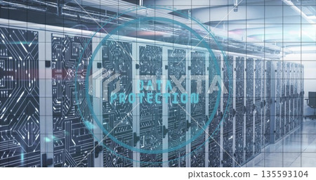 Server cabinets lining data center corridor under overhead cable trays with DATA PROTECTION overlay 135593104