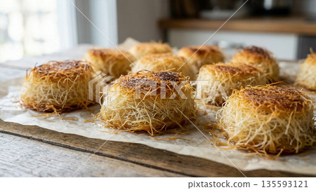Freshly Baked Mini Kadayif Desserts On Parchment Paper Freshly Baked Mini Kadayif Desserts On Parchment Paper 135593121