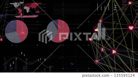 Displaying UI showing world map, pie charts, candlestick chart, bars and network nodes, copy space 135593124