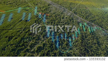 Spanning steel center-pivot irrigation arm over crop field, with financial overlays, copy space Spanning steel center-pivot irrigation arm over crop field, with financial overlays, copy space 135593132