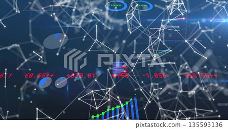 Displaying network linking white nodes with glowing wireframe in interface with pie and bar charts Displaying network linking white nodes with glowing wireframe in interface with pie and bar charts 135593136