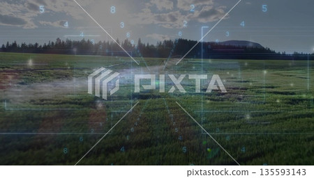 Displaying grassland stretching toward conifer forest and distant hill at meadow, with HUD elements Displaying grassland stretching toward conifer forest and distant hill at meadow, with HUD elements 135593143