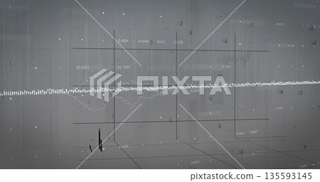 Displaying horizontal dotted waveform line spanning grid plane, with numeric labels and particles Displaying horizontal dotted waveform line spanning grid plane, with numeric labels and particles 135593145