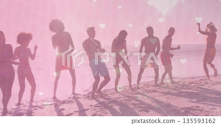 Dancing eight friends wearing swimwear celebrating on sandy shore at sunrise, with heart overlays Dancing eight friends wearing swimwear celebrating on sandy shore at sunrise, with heart overlays 135593162