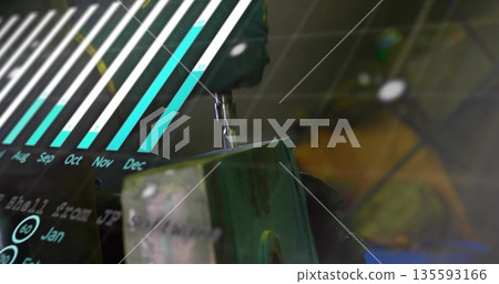 Guiding gloved hand steering drill bit into workpiece in workshop vise, with bar chart overlay Guiding gloved hand steering drill bit into workpiece in workshop vise, with bar chart overlay 135593166