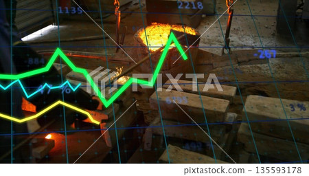 Suspending molten-metal crucible glowing above sand molds at foundry, with numerical grid overlay Suspending molten-metal crucible glowing above sand molds at foundry, with numerical grid overlay 135593178