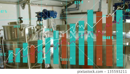 Showing translucent data visualization overlaying plant with stainless tanks,pipes,valves and motor Showing translucent data visualization overlaying plant with stainless tanks,pipes,valves and motor 135593211