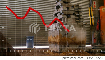 Operating forging press compressing heated billet on anvil in workshop, with red line overlay Operating forging press compressing heated billet on anvil in workshop, with red line overlay 135593220