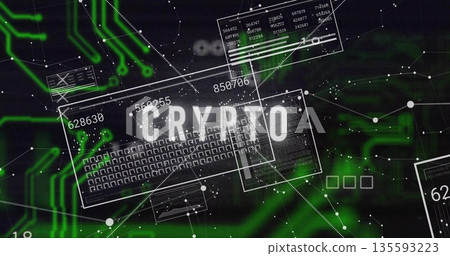 Displaying CRYPTO text in virtual network interface, with floating data panels and green circuits 135593223