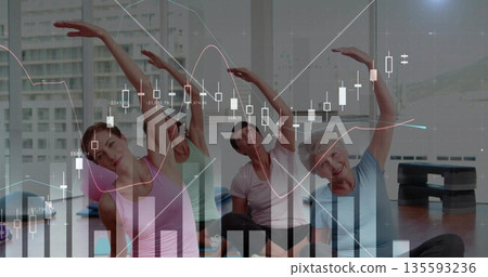 Performing four women stretching laterally on yoga mats in yoga studio, with financial overlay 135593236