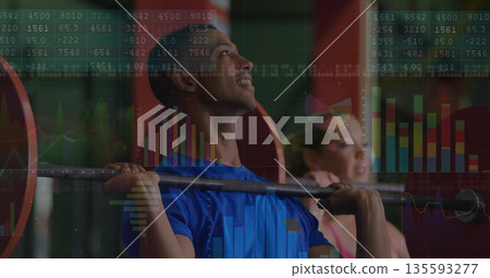 Lifting loaded barbell, Asian male maintaining form in gym squat rack, with data visualizations 135593277