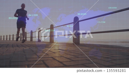 Running senior male jogger along seaside promenade at sunrise, railing and data overlays copy space Running senior male jogger along seaside promenade at sunrise, railing and data overlays copy space 135593281