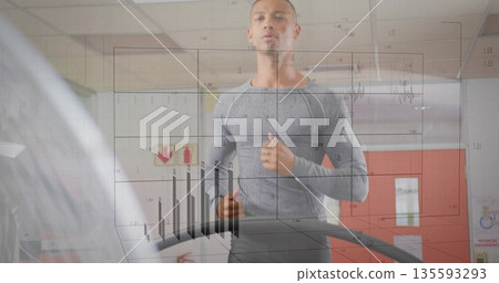 Jogging male wearing grey training top tracking metrics on treadmill in gym, with chart overlays Jogging male wearing grey training top tracking metrics on treadmill in gym, with chart overlays 135593293