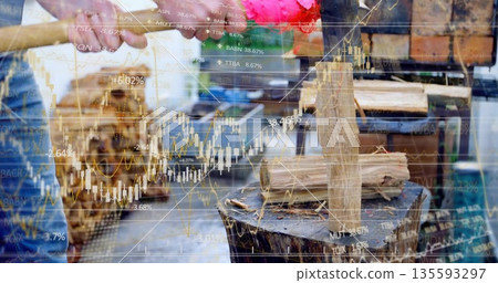 Swinging plaid-shirt man chopping wedge with pink-headed axe on stump at shed with chart overlays 135593297