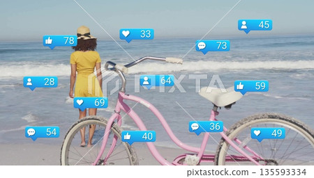 Standing woman wearing yellow dress and sunhat at beach, with pink bicycle, floating notifications Standing woman wearing yellow dress and sunhat at beach, with pink bicycle, floating notifications 135593334
