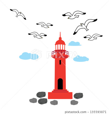JEJU7. This is a beautiful Jeju travel hand painting illustration with Jeju Island's iconic Iho Tewoo Lighthouse against the backdrop of seagulls floating in the blue sky. JEJU7. This is a beautiful Jeju travel hand painting illustration with Jeju Island's iconic Iho Tewoo Lighthouse against the backdrop of seagulls floating in the blue sky. 135593871