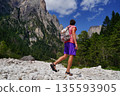 Mountain Hiker Enjoying Scenic View on Rocky Trail 135593905