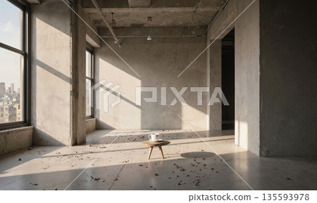 Morning Light Hall - expansive photo loft bathed in warm morning rays with long soft shadows, scattered small props 135593978