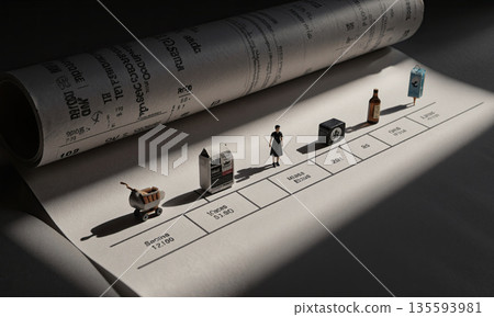 Purchase history timeline Receipt paper unrolled as timeline with miniature products marking purchases, dramatic lighting creates shadow timeline below, products 135593981