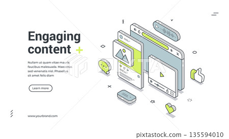 Engaging Content For Digital Marketing And SMM Isometric Banner Vector Illustration 135594010