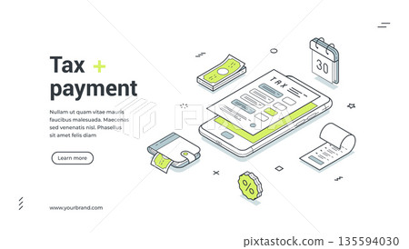 Tax Payment Via Mobile App Online Accounting Isometric Banner Vector Illustration 135594030