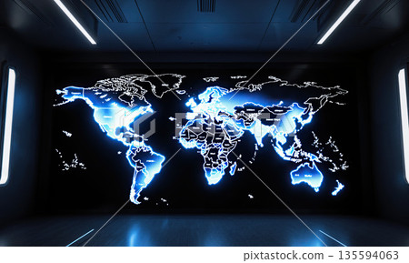 Digital Geopolitical Map. A futuristic command center with a large, holographic map of the world. The country borders are dynamic Digital Geopolitical Map. A futuristic command center with a large, holographic map of the world. The country borders are dynamic 135594063