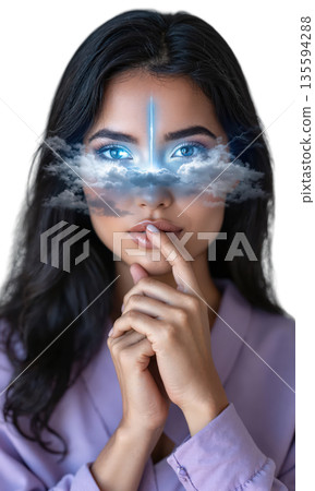A thoughtful woman in lavender gray, her eyes reflecting storm clouds lit with electricity, symbolizing strategic foresight, emotional weathering 135594288
