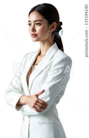 A sharp businesswoman in crisp white, surrounded by digital networks and global icons, symbolizing leadership that spans industries and reaches A sharp businesswoman in crisp white, surrounded by digital networks and global icons, symbolizing leadership that spans industries and reaches 135594290