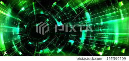 Tech background with neon green light tunnel Tech background with neon green light tunnel 135594309