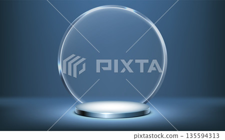 3D podium with round glass morphism decoration 135594313