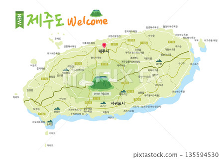 JEJU9. It is the latest tourist map of Jeju Island in Korea with major regional names on a white background. 135594530