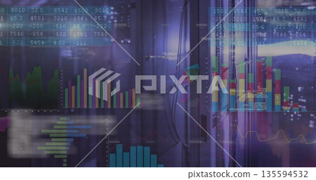 Floating digital data charts overlaying server racks at data center, with cables and glass panels 135594532