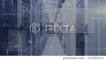Displaying server aisle spanning data center corridor, with blinking LED lights and digital overlay Displaying server aisle spanning data center corridor, with blinking LED lights and digital overlay 135594533