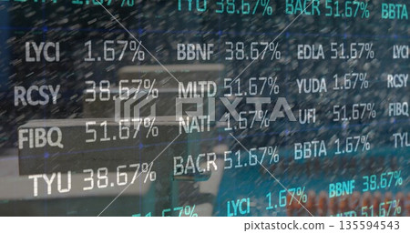 Displaying ticker symbols with percentages over round cafe table, metal chairs and laptop computer 135594543