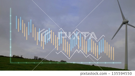 Displaying data visualization on hillside, featuring wind turbine plus bars and white trend line 135594550