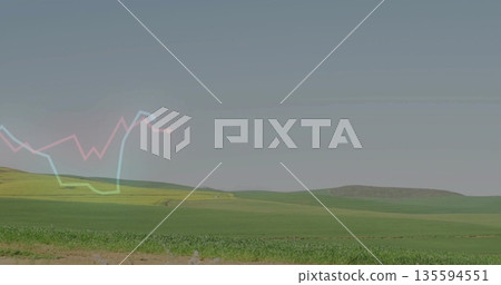 Displaying green crops and yellow flowering fields across rolling hilltops with faint chart overlay Displaying green crops and yellow flowering fields across rolling hilltops with faint chart overlay 135594551