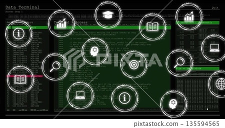 Displaying central green code editor window in terminal interface with circular function icons Displaying central green code editor window in terminal interface with circular function icons 135594565