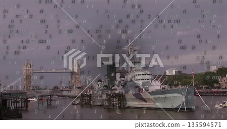 Displaying HMS Belfast floating on Thames piers, Tower Bridge, streaming binary code Displaying HMS Belfast floating on Thames piers, Tower Bridge, streaming binary code 135594571