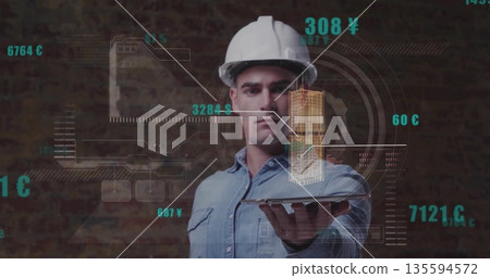 Helmeted engineer holding tablet projecting building hologram on brick wall with digital overlays Helmeted engineer holding tablet projecting building hologram on brick wall with digital overlays 135594572