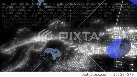 Streaming binary code moving across virtual dashboard, with globe shape and pie chart segment Streaming binary code moving across virtual dashboard, with globe shape and pie chart segment 135594576
