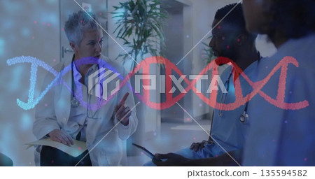 Three doctors in lab attire discussing genetic data in hospital corridor, with chart and DNA helix Three doctors in lab attire discussing genetic data in hospital corridor, with chart and DNA helix 135594582