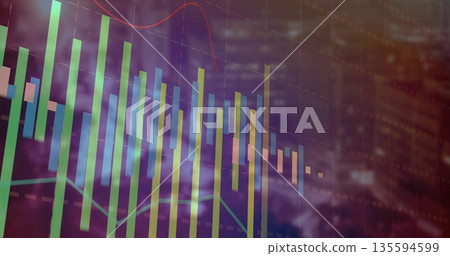Displaying financial graphics over blurred skyscrapers, with vertical bar charts, line graphs, grid Displaying financial graphics over blurred skyscrapers, with vertical bar charts, line graphs, grid 135594599