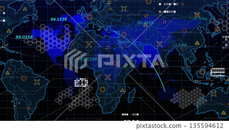 Displaying world map overlay showing hexagonal grid clusters on control panel, with numeric labels Displaying world map overlay showing hexagonal grid clusters on control panel, with numeric labels 135594612