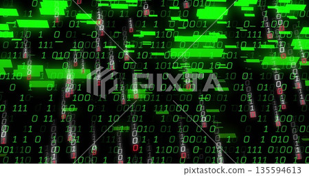 Cascading binary code forming matrix-like rain across virtual interface, with neon-green blocks Cascading binary code forming matrix-like rain across virtual interface, with neon-green blocks 135594613