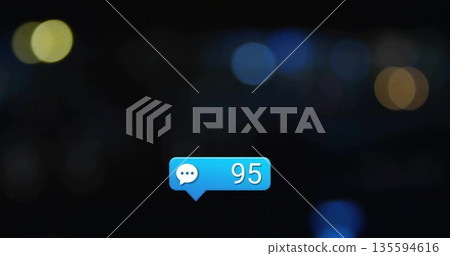 Floating blue message bubble showing speech icon and number 95 in dark blurred city background Floating blue message bubble showing speech icon and number 95 in dark blurred city background 135594616