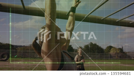 Hanging woman gripping wooden monkey bars on outdoor obstacle course under grid overlay, copy space 135594681